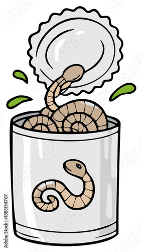 Cartoon worms crawling out of an open can food illustration concept