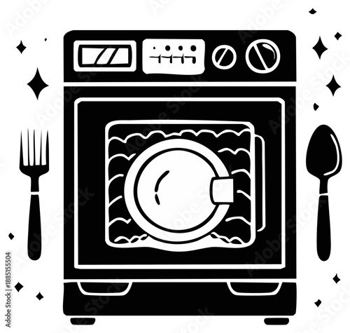 Dishwasher Icon with Spoon and Fork, Black and White Line Art Illustration