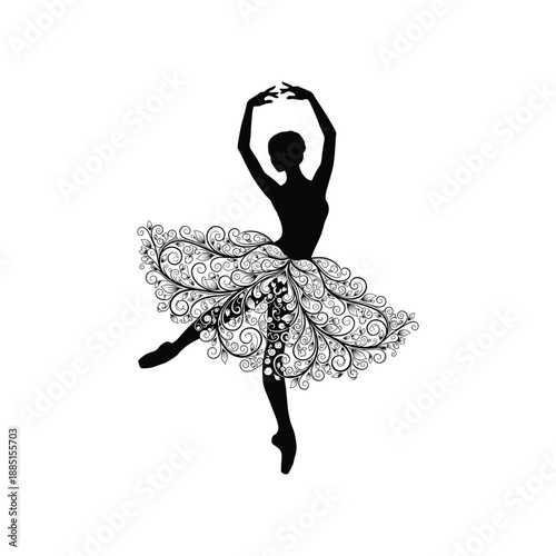Elegant ballerina silhouette in floral tutu poses dramatically against plain white background exuding grace and serenity in a beautiful dance stance