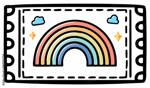 Rainbow Postal Stamp Graphic Vector Illustration with Clouds and Stars