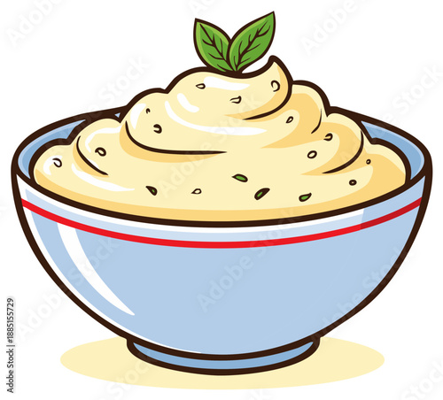 A delicious bowl of creamy mashed food or dip with a fresh herb garnish cartoon illustration