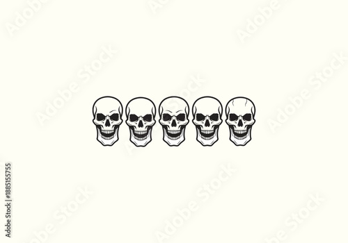 Vector set Concept Five menacing human skulls with wide grins in a bold black and white line art style.