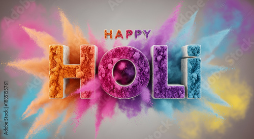 Happy holi colorful powder explosion typography with vibrant festival colors spreading on soft background for indian celebration greeting design and commercial use