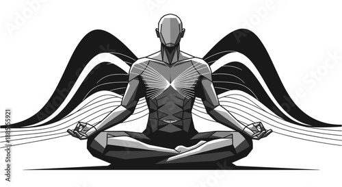 Stylized black and white illustration of a robotic figure in a meditative lotus position, featuring abstract wing-like elements, symbolizing digital tranquility and future contemplation.