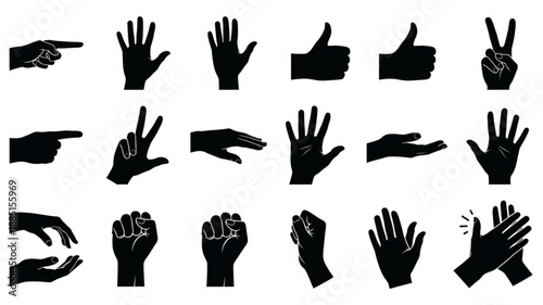 Collection of Black Hand Gestures Silhouettes Isolated on White Background.