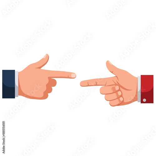 Confrontational vector illustration showing two hands pointing fingers at each other, representing disagreement, accusation, rivalry, or a symbolic standoff and blame game