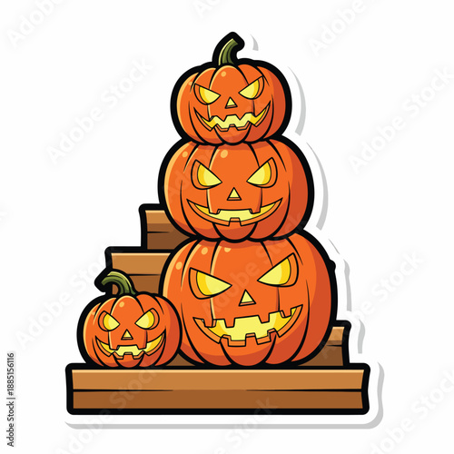 A cartoon illustration of four stacked carved pumpkins