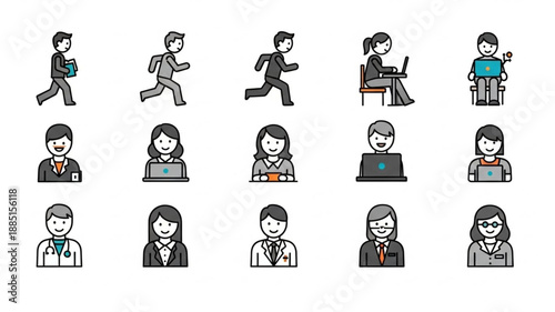 Collection of Diverse Business People Icons Representing Various Professions.