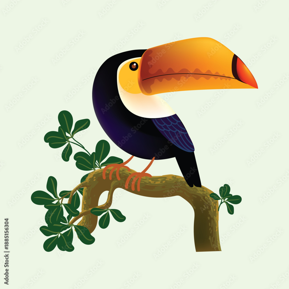 Naklejka premium Toucan bird standing on a branch of tree vector illustration. Exotic birds for childrens design of prints, posters, cards.