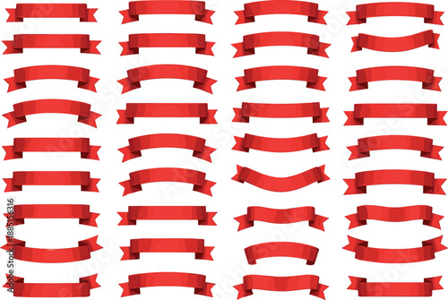 Set of red ribbon banner vector illustrations with various curves and shapes for decorative labels, celebratory headers, and promotional marketing designs.