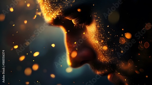 Close-up portrait of a man's face illuminated with golden sparkles.