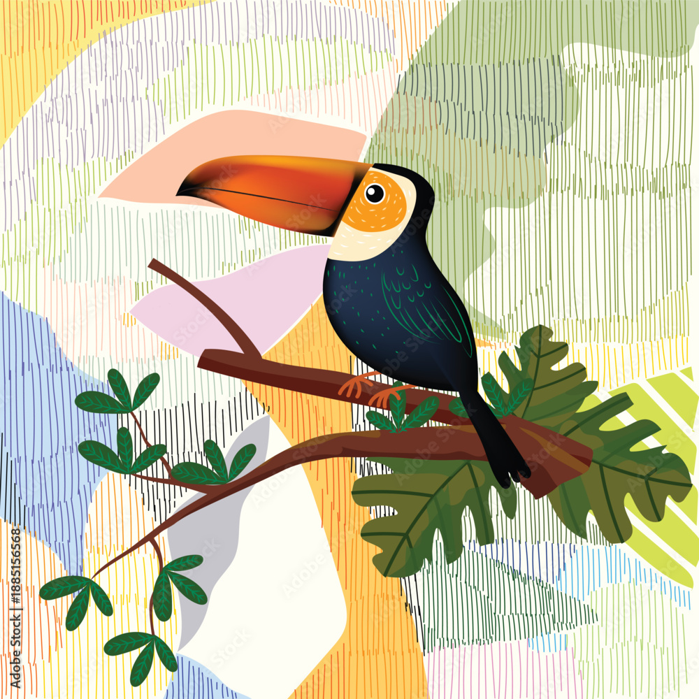 Naklejka premium Toucan bird standing on a branch of tree vector illustration. Exotic birds for childrens design of prints, posters, cards.