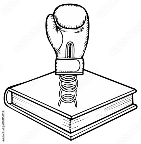 Boxing glove on spring emerging from open book, symbolizing learning, knowledge, and combativeness.