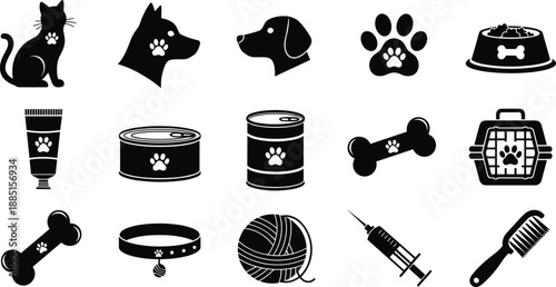 Collection, of, black, pet, care, icons, featuring, cats, dogs, paw, prints, food, bowls, bones, collars, and, veterinary, supplies, for, animal, design.