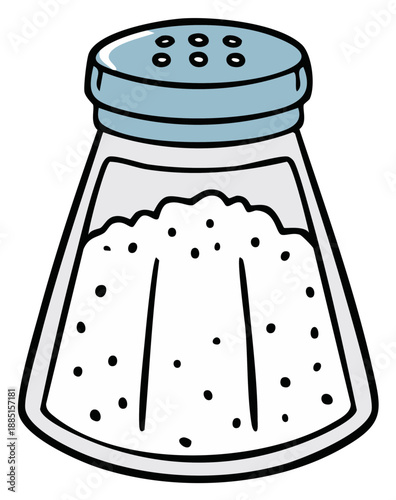 Cartoon illustration of a classic glass salt shaker filled with salt for seasoning food and cooking