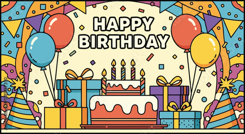 Happy Birthday greeting banner with cake and balloons comic style