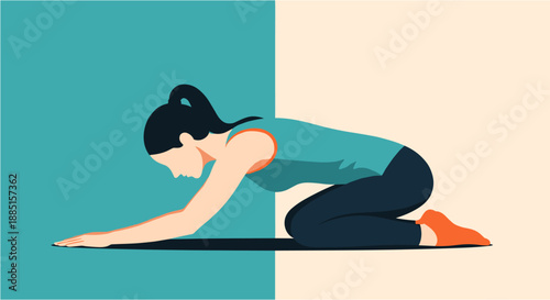 Woman practicing yoga in Child's Pose, finding tranquility and relaxation through mindful exercise on a split-tone background.