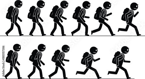 Collection, of, black, silhouettes, featuring, a, person, with, a, backpack, walking, jogging, and, running, for, animation, and, motion, design.
