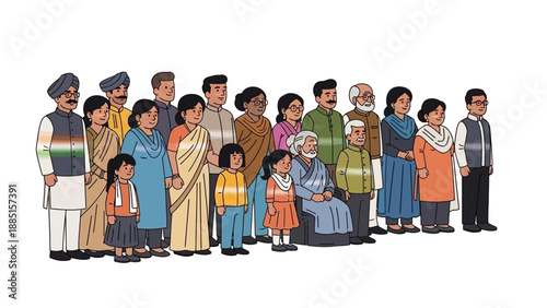 Illustration of diverse people of various ages celebrating Republic Day in India with patriotism and national flags.