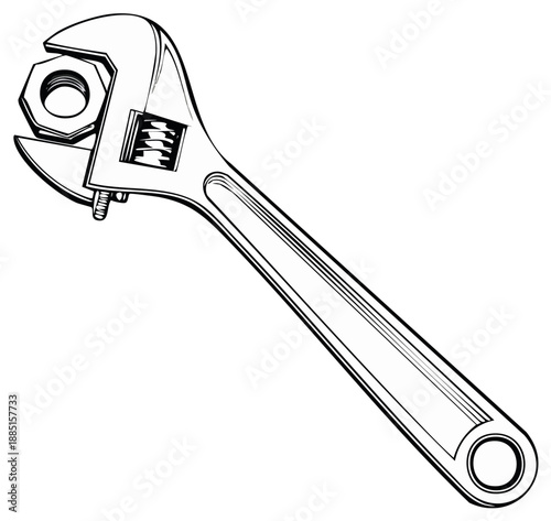 Adjustable Wrench Gripping a Nut for Repairs and Construction