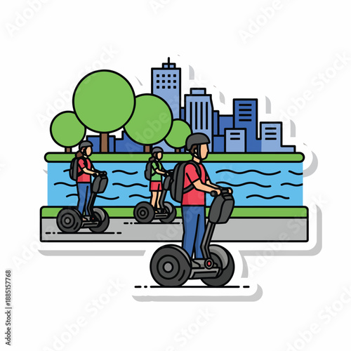 A cartoon illustration of three people riding segways