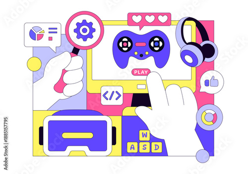 Game Development Vector Illustration Featuring Games, Digital Technology, Programming, and Coding for the Technical Aspects of Creating Video Games