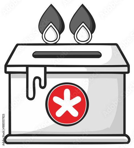 Cartoon illustration of a donation box with blood drops for health and charity.