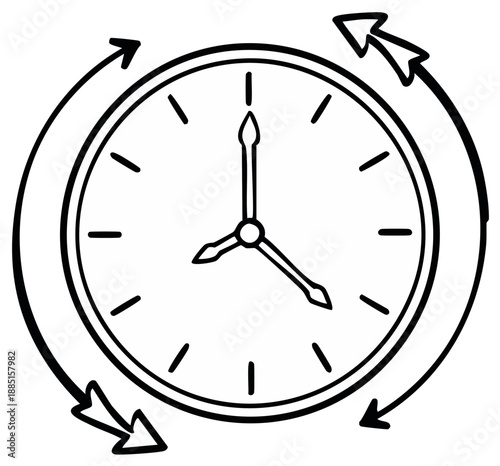 Clock with circular arrows showing the passage of time or a timed process in a simple line art drawing style