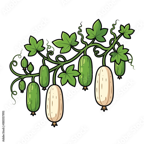 A cartoon-style illustration of a vine with various gourds