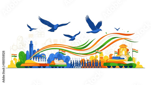 Illustration of India Republic Day celebration with patriotic characters, flags, and landmarks in a vibrant vector graphic.