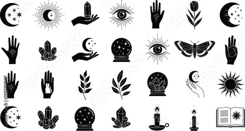 Collection, of, black, silhouettes, featuring, celestial, moons, stars, suns, mystical, hands, crystals, eyes, butterflies, and, candles, for, magic, and, occult, design.