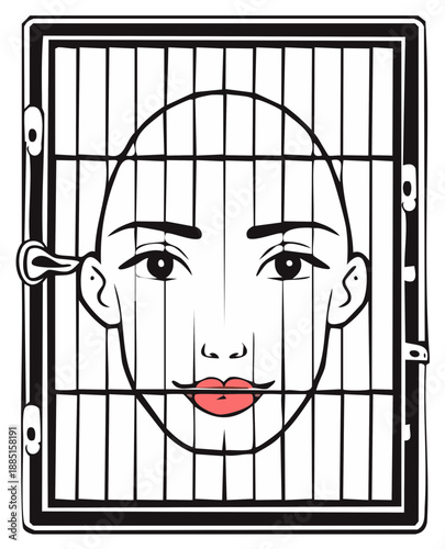 Woman's face confined within a cage representing imprisonment and lack of freedom