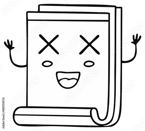 Cute hand drawn cartoon notepad character with X eyes smiling and waving cheerfully