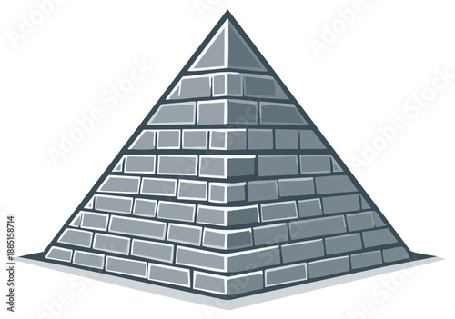 Vector illustration of a gray brick pyramid symbol, construction with capstone, flat design icon concept. Ancient structure graphic
