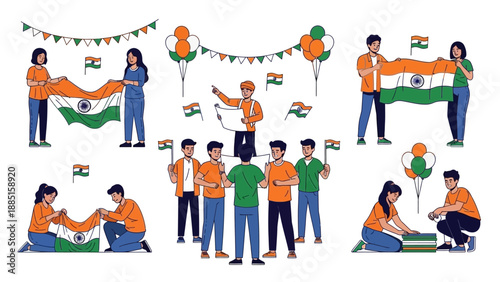 Illustration of people celebrating Republic Day in India with patriotism, flags, and festive decorations.
