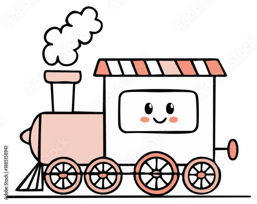 Cute Cartoon Steam Train Engine Chugging Puffing with Smiling Face Illustration