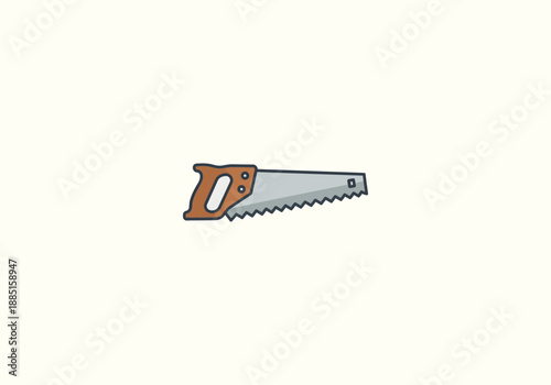 Vector set Concept Flat design hand saw icon with a long shadow. Cartoon-style woodworking tool illustration with a brown handle and serrated steel blade.