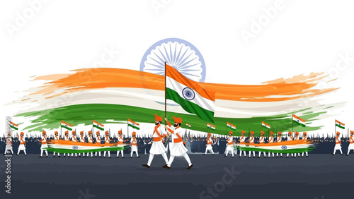 Illustration of people celebrating Republic Day in India with a parade and the Indian flag waving, conveying patriotism.