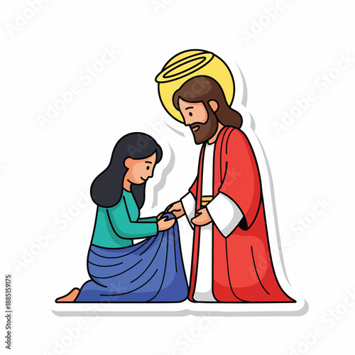 A cartoon image of Jesus helping a woman