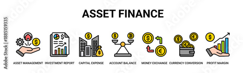 Asset Finance web banner icon vector illustration concept with icon of asset management, investment report, capital expense, account balance, money exchange, currency conversion, profit margin.
