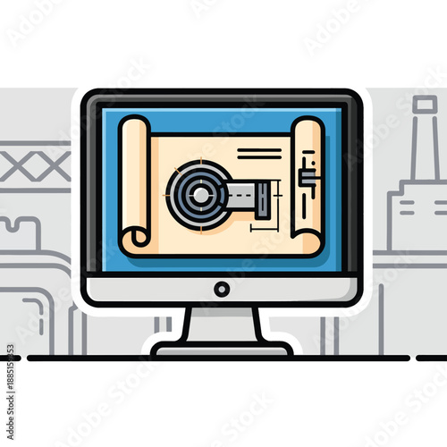 A computer monitor displays a blueprint