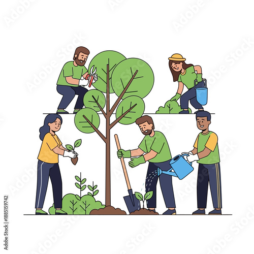 Community planting trees and gardening together, illustration