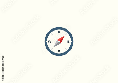 Vector set Concept Flat design compass icon with red and gray needle pointing north-east, dark blue ring, white face.