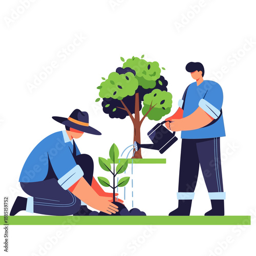 People planting a tree: gardener and helper watering sapling for growth and nature