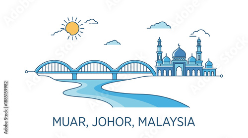 Muar Johor Malaysia skyline with mosque and bridge vector illustration