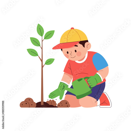 Boy watering new tree seedling, planting and gardening concept, flat illustration