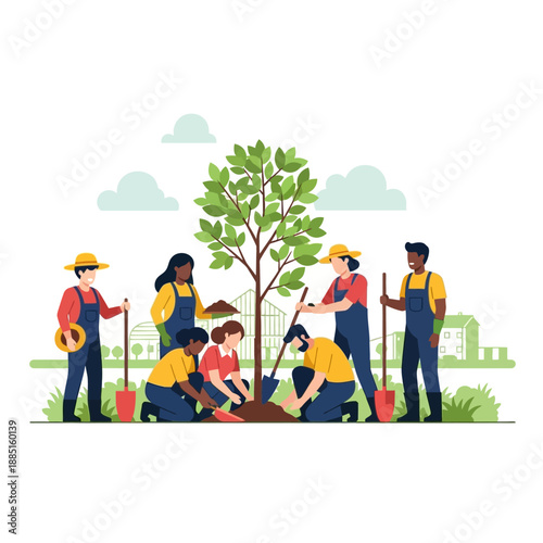Diverse team planting a tree together, community gardening, environmental conservation concept