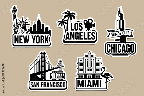American city travel stickers featuring famous landmarks vector illustration