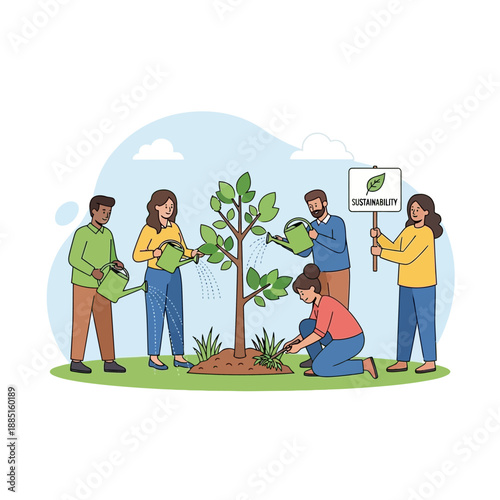 Diverse people planting and watering a tree for sustainability and environment care
