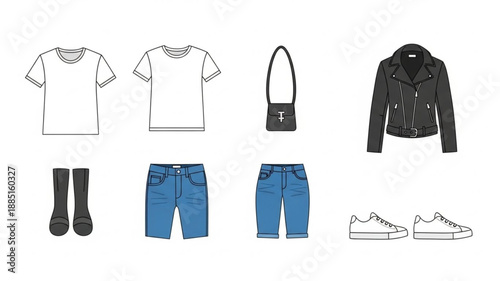 Casual Outfit Flat Lay with T-shirts Jeans Jacket and Sneakers.